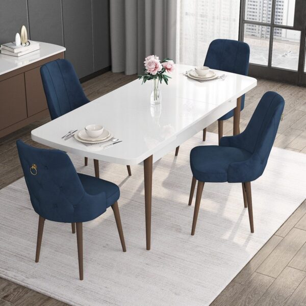 Concept Noa Serisi, 80X132 Açılabilir Mdf Masa, Beyaz Masa Ceviz Ayak Masa Takımı, 4 Sandalye
