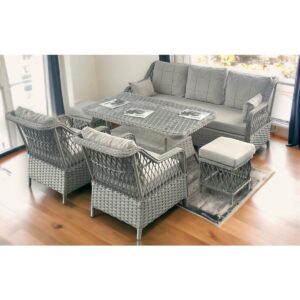 Petra Alüminyum Rattan 3+1+1+Masa(80*140)+2 Puf Bahçe Balkon Mobilyası,Krem