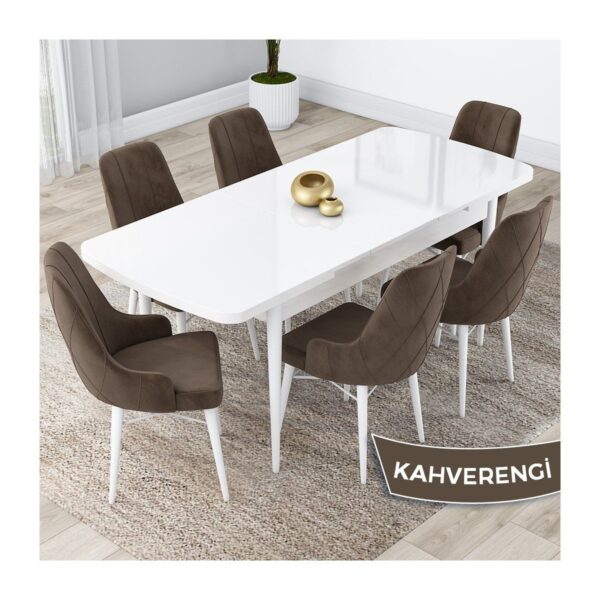 Concept Kar Serisi, 80X132 Açılabilir Mdf Mutfak Masa Takımı, Beyaz Masa 6 Sandalye