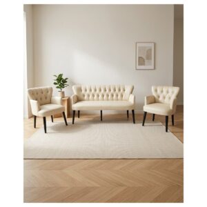 Roma 3+1+1 Deri Çay Seti Ev & Ofis Koltuk Bekleme Takımı - Ahşap Siyah Ayak - Krem