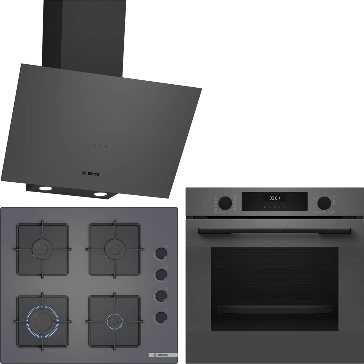 Bosch Gri 3 Lü Ankastre Set 481 ( HUA717BN0T - POP6C9P31O - DWK64PJ70T ) - Buhar Destekli