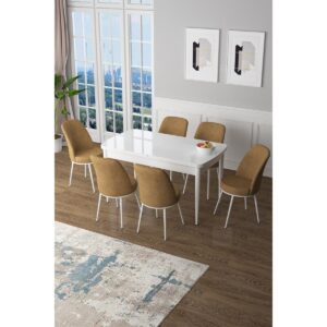 Zen Serisi Açılabilir Mdf Beyaz Mutfak Masa Takımı+6 Adet Sandalye (80 x 132 Cm)
