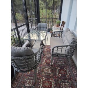Kartepe Galvaniz Boru 2 1 1 Sehpa(60*90) Rattan Bahçe Balkon Takımı,Gri Rattan