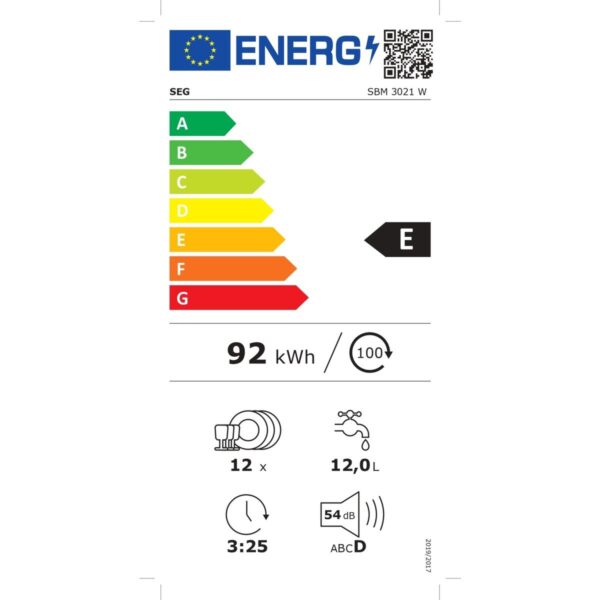 SEG 3 Programlı Bulaşık Makinesi E Enerji Sınıfı 12 Kişilik Kapasite Beyaz Renk