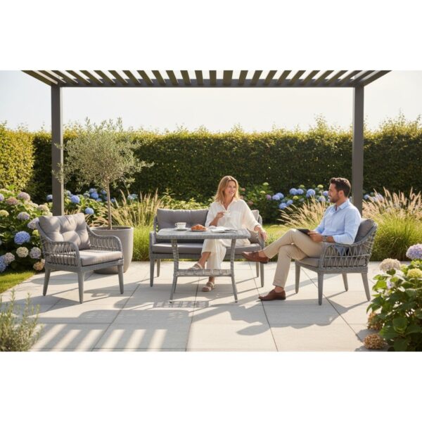 Kaş 2+1+1+Sehpa Bahçe Balkon Mobilyası,Gri Kumaş / Gri Rattan