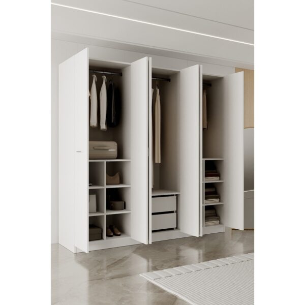 AE-2191 Hisar Beyaz/beyaz Aynalı 6 Kapaklı Çok Bölmeli Askılı ve Raflı Geniş Hacimli Gardırop 210X210 cm