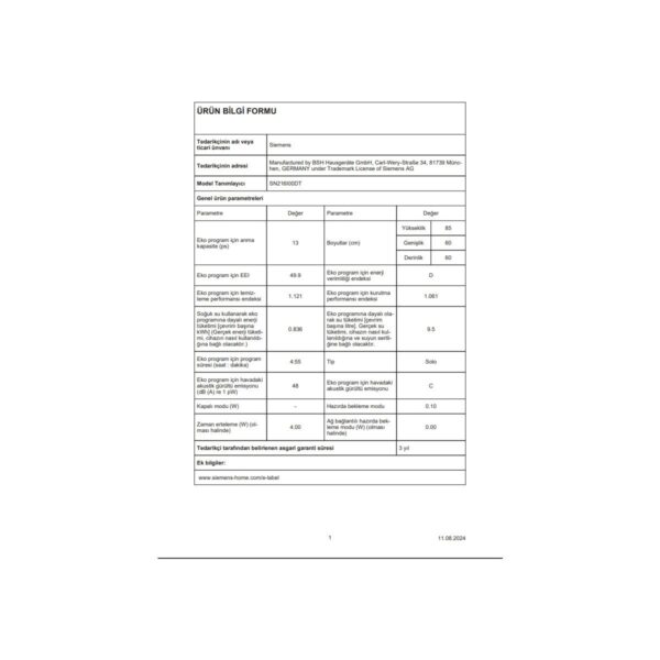 Siemens SN216I00DT 6 Programlı 13 Kişilik Bulaşık Makinesi