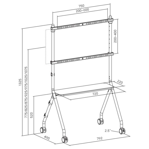 Tekerlekli Şövale Tv Standı 49″-80″ Inç | Raflı | 50 kg Taşıma Kapasiteli | Mobil Tv Sehpası