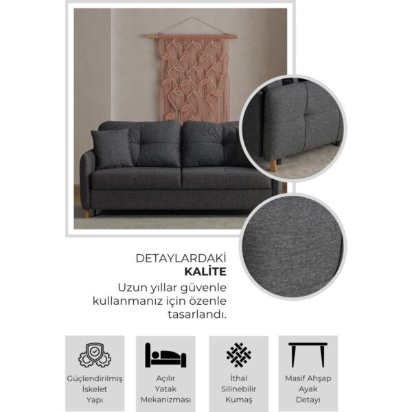 Nehir Ikili Kanepe Açılır Yataklı Çift Kişilik Yatağa Dönüşen Loveseat Kırlentli Antrasit