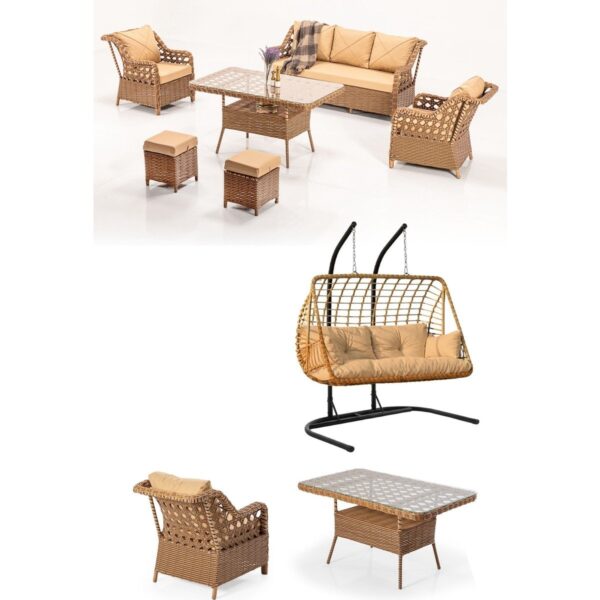 Ecem 7 Kişilik Rattan Bahçe Mobilyası ve 2 Kişilik Rattan Salıncak Seti Kahverengi (Siyah Çizgili)