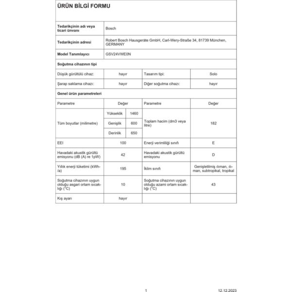 Bosch GSV24VWE0N E Enerji Sınıfı 183 Lt 6 Çekmeceli Dikey Derin Dondurucu
